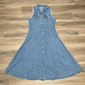 Fads 10 Blue Jean Dress Button Front Checkered Trim Tie Cotton Cottagecore VTG